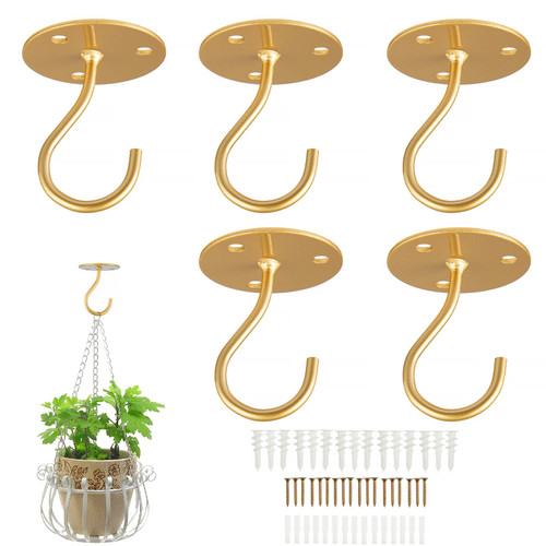 Ceiling Hooks for Hanging Plants - Metal Heavy Duty Wall Mounted Hangers for Hanging Bird Feeders, Planters, Wind Chimes, Include Professional Drywall Anchors (5 Pack) (Bright Gold)