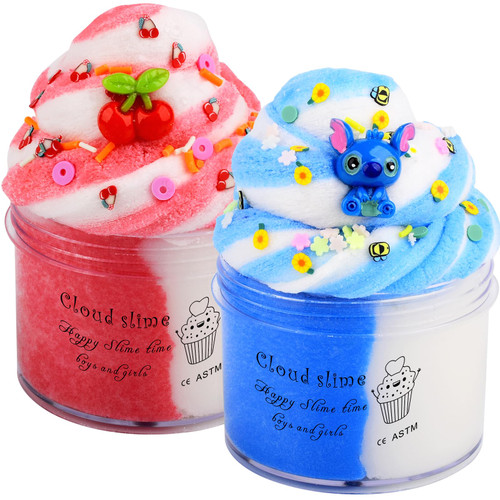 2 Pack Cloud Slime Kit with Blue and Cherry Charms, Scented DIY Slime Supplies for Girls and Boys, Party Favors Stress Relief Slime Toys for Kids Education Birthday Gift.