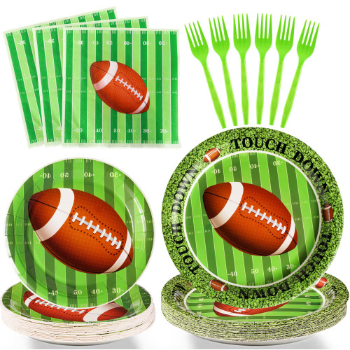 SCIONE 96 Pcs Football Plates and Napkins, Super Bowl Party Supplies Tableware Set Football Birthday Party Plates and Napkins Forks for 24 Guests, Disposable Paper Plate Sport Themed Party Favors