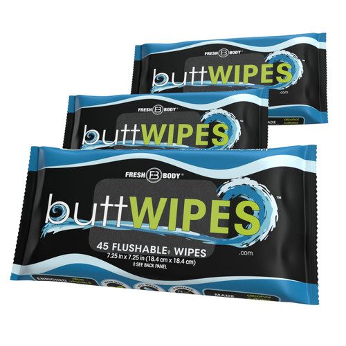 Fresh Body FB Buttwipes Flushable Butt Wipes (3 Pack, 135 wipes) - Flushable Wipes for Adults - Water-Based Wipes with Aloe and Vitamin E - Made Without Alcohol or Added Fragrance