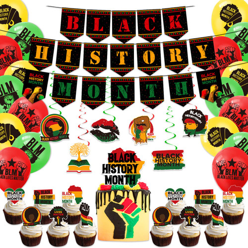 Black History Month Party Decorations - Black History Month Banner Hanging Swirls African BHM Balloons Worthwhile Commemoration Festival Decoration Supplies (Black)