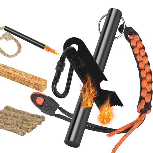 PoktWorld Fire Starter Survival Tool,Flint Fire Starter with Tinder Rope,Lgniting Cotton,Waterproof Flint Fire Can be Struck 20000 Times for Camping,Hiking and Emergency