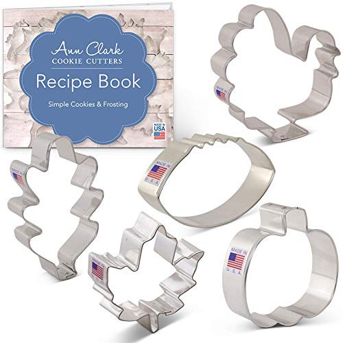 Fall Thanksgiving Cookie Cutter Set with Recipe Booklet - 5 Piece - Maple Leaf, Turkey, Oak Leaf, Pumpkin, Football - Ann Clark - USA Made Steel Fall Thanksgiving Cookie Cutter Set with Recipe Booklet - 5 Piece - Maple Leaf, Turkey, Oak Leaf, Pumpkin, Football - Ann Clark - USA Made Steel