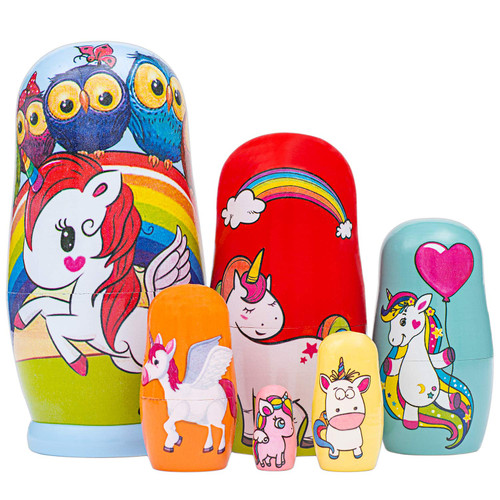 Moonmo Animal Russian Nesting Dolls Wooden Birthday Gifts Handmade Painted Matryoshka Nesting Dolls (Red Unicorn)