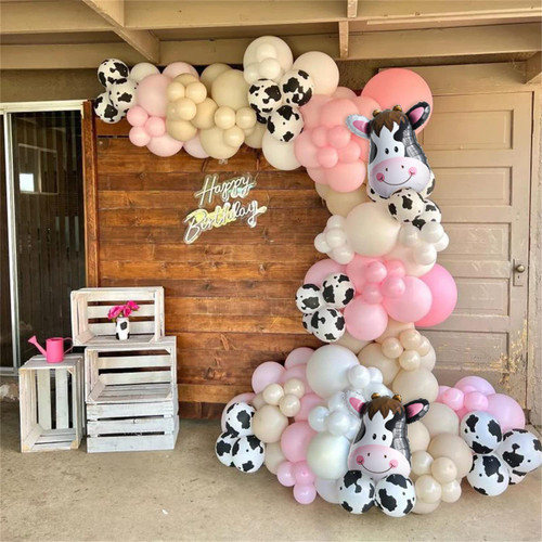 136Pcs Cow Party Decorations Pink Cow Balloon Garland Arch Kit with White Pink Cow Print Balloons Large Cow Head Mylar Balloon for Cowgirl Baby Shower Farm Animals Cow Print Birthday Party Supplies