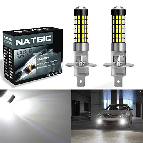 NATGIC H1 LED Bulbs Xenon White 1800LM 3014SMD 78-EX Chipsets with Lens Projector for Fog Light Daytime Running Light Automotive Driving Lamp, 6500K,12-24V(2-Pack)