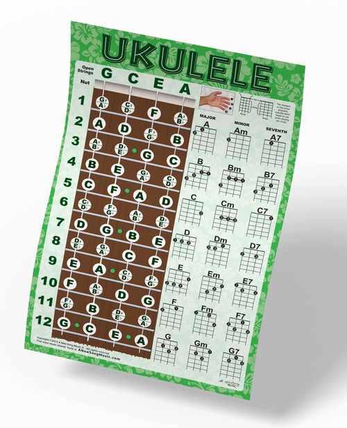 A New Song Music Easy Ukulele Chord Chart & Fretboard Notes Instructional Poster Colors for Soprano Concert Tenor Uke (Green)