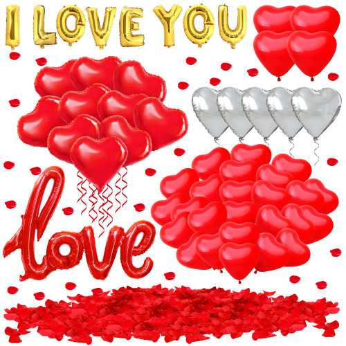 Valentines Day Balloons Kit, 57 Pack Red Heart Balloons and 500pcs Rose Petals, I Love You Balloons for Happy Anniversary Wedding Romantic Decorations Special Night