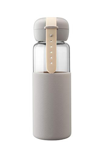 WTX Portable Glass Water Bottles with Creative Heat-Resistant Silica Gel Lid and Protective Rubber BPA Free 12 oz Grey Colors