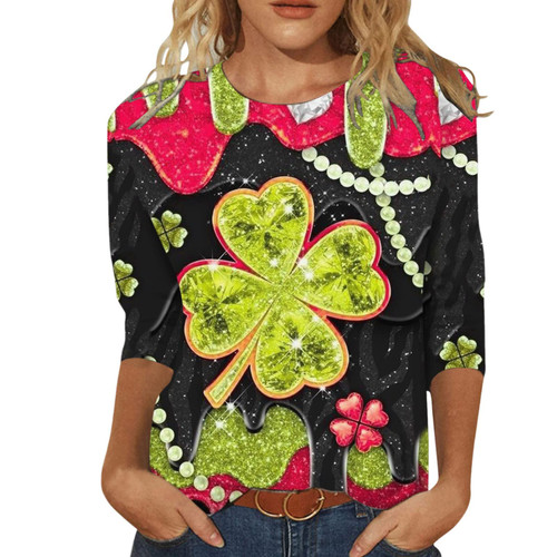 Funny St Patricks Day Shirts Women Lucky Gnomes Irish Shamrock Paddy's Day Clothes Tees 3/4 Sleeve Dressy Casual Top