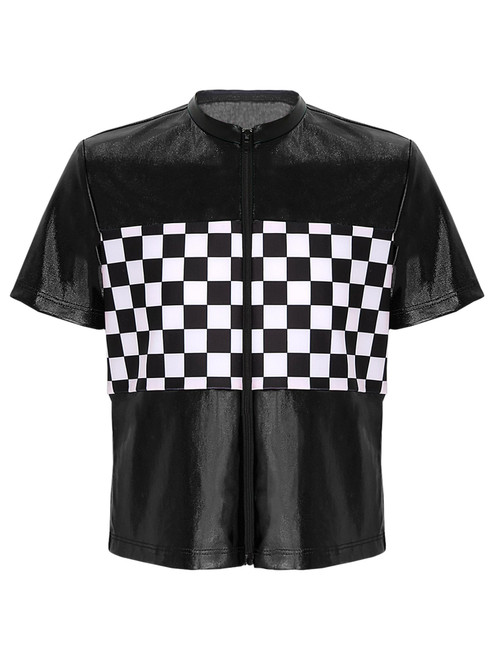 inhzoy Boys Racing Shirts Race Car Costumes Kids Shiny Checkerboard Zip Up T-Shirt Halloween Cosplay Fancy Dress Top Black 14 Years
