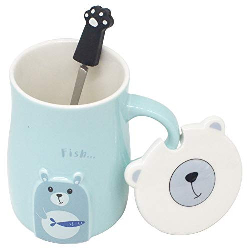 14 oz Ceramic Coffee Mug with Blue Bear, Cute Coffee Mugs for Women, Hot Tea Mug (bear cup blue)