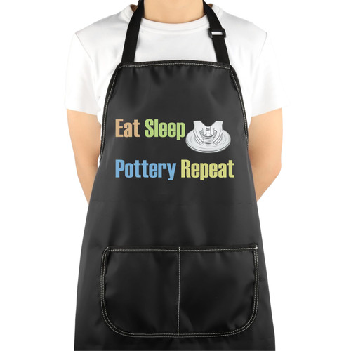 VAMSII Pottery Apron With Pockets Pottery Lover Gifts Ceramics Apron Clay Apron for Potters Eat Sleep Pottery Repeat Apron (black)