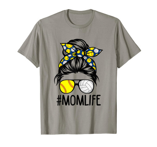 Dy Mom Life Softball Volleyball Mothers Day Messy Bun T-Shirt