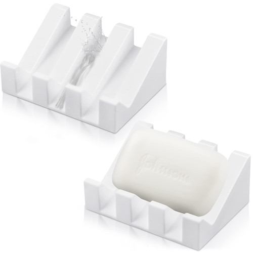 Silicone Soap Dish Self Draining Soap Dish Shower Waterfall Bar Soap Holder Tray with Drain Soap Saver for Kitchen Bathroom Accessories (Bright White, 2)