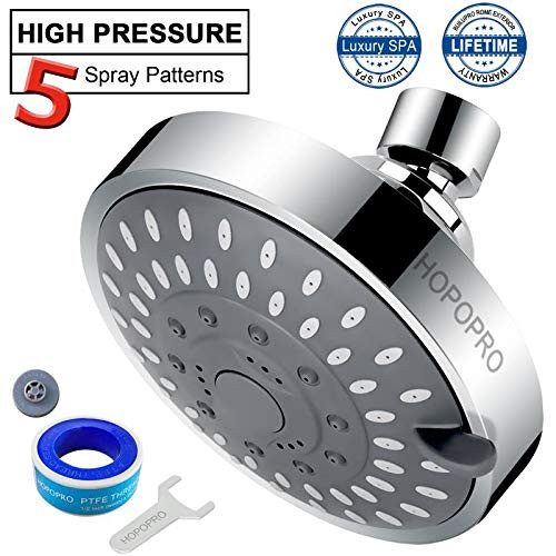 High Pressure Shower Head, HOPOPRO 4? Anti-leak Anti-clog Rain Fixed Showerhead Rainfall 5-Setting with Adjustable Metal Swivel Ball Joint - Relaxed Shower Experience Even at Low Water Flow & Pressure