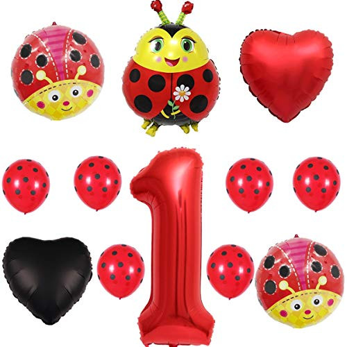 Ladybug Red Black 12pcs Balloon Pack for 1st Birthday Baby Shower Ladybug Theme Party Decorations Supply - 40" No. 1 Balloon, 24" Ladubug Balloon, 18" Foil Balloon, 12" Latex Balloon