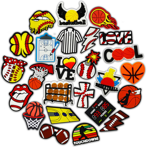 25PCS Sports Ball Shoe Charms for Croc Bubble Slides Clogs Sandals, Basketball Baseball Football Softball Shoe Accessories Decorations for Boys Men Teens Adults