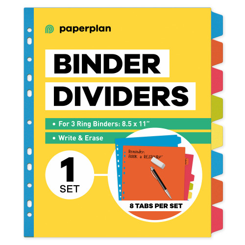 3 Ring Binder Dividers with Tabs - 8 Tab Dividers for 3 Ring Binder - Plastic Dividers for 3 Ring Binder (Plastic, 8-Tab, 1-Set) - Tabs for Binders - Binder Tabs Dividers - Tabs for Notebooks