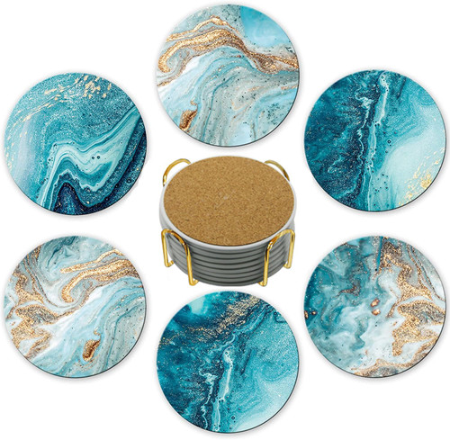 6 Pcs Ceramic Coasters with Golden Holder Best Absorbent Drink Coasters Round Ceramic Table Coasters Set Decorative Coffee Cup Beverage Coasters Wine Beer Bar Coasters (6pcs Marble Style -2)