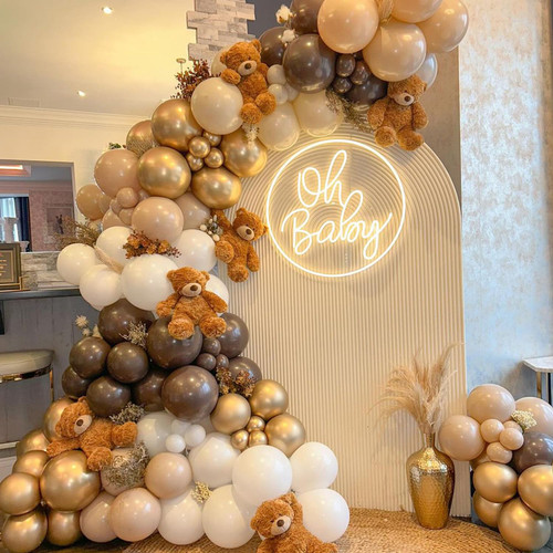 142Pcs Brown Balloon Arch Garland Kit Boho Nude Coffee Blush Tan Neutral Gold White Balloons for Teddy Bear Baby Shower Woodland Jungle Safari Western Cowboy Birthday Party Decorations
