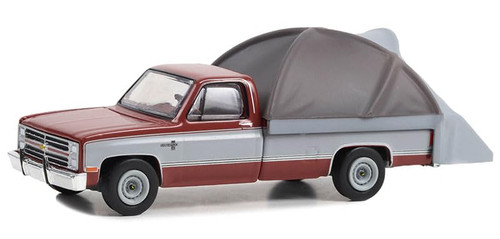 Greenlight 38050-C The Great Outdoors Series 3-1983 Chevy C20 Silverado - Carmine Red and Silver Metallic with Modern Truck Bed Tent 1/64 Scale