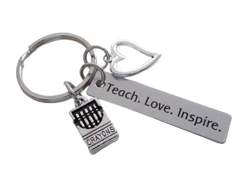 School Teacher Appreciation Keychain with Box of Crayons Charm, Heart Charm, & "Teach. Love. Inspire." Engraved Tag