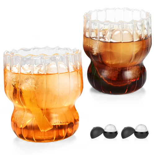 URMAGIC Origami Style Glass Cups,2 Pcs 9 Oz Ribbed Glass Cups,Wave Shape Glass Cups,Vintage Drinking Glasses,Iced Coffee Cup,Vertical Stripes Beverage Cups,Dessert Cups,Iced Cream Cups,Wine Glasses