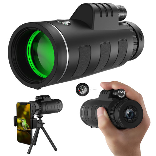 hodoyes 12x50 High Definition Monocular Telescope with Smartphone Adapter, BAK4 Prism FMC Monocular with Clear Low Light Vision for Wildlife Hunting Camping Travelling