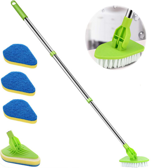 Shower Scrubber for Cleaning, 2in1 Shower Cleaning Brush with1 Stiff Bristles & 3 Sponge Brush, 37" Scrub Cleaning Brush with Long Extendable Handle for Bathroom Tub Floor Tile Wall Toilet
