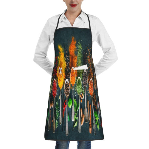 Colourful Herbs Spices Cooking Black Kitchen Apron For Chef Men Women With Pockets, Cute Bib Apron For Cooking Baking BBQ Gardening Painting Artist