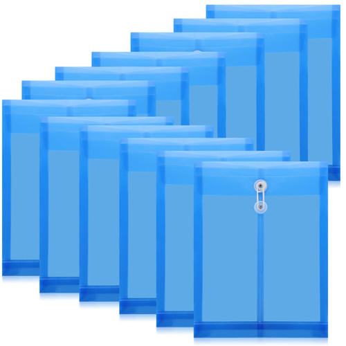 ReliThick 12 Pack Plastic Envelopes with Button and String Tie Closure Expandable Poly String Envelopes Plastic File Folder Plastic Document Envelope Letter A4 Size 1-1/4 Inch Expansion (Blue)