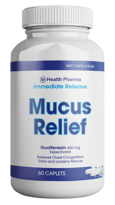 Health Pharma Mucus Relief Guaifenesin 400 mg Fast Acting Expectorant, Thin and Loosens Mucus, Cough, Cold and Flu I Compare to Mucinex Active Ingredients (Small, 60 Count)