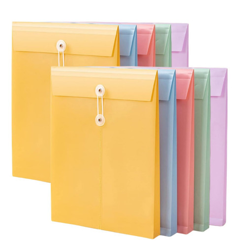 10 Pack Plastic Letter Size Envelopes with Button & String Tie Closure, Assorted Colors Plastic Envelopes Poly Envelope Expandable File Document Folder for School Office and Home