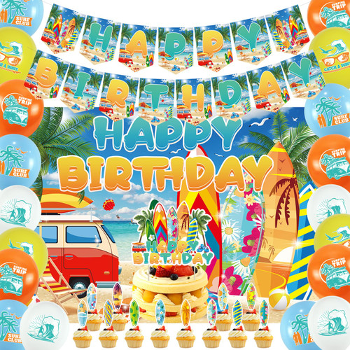 Beach Party Decorations, Surfboard Banner Surfing Themed Cake Topper Balloons for Surf Party Decorations Backdrop for Summer Birthday Party Supplies Swimming Pool Hawaii Party Supplies
