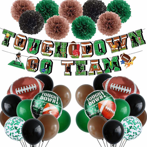 Football Party Supplies 39pcs Football Balloon Set TOUCH DOWN Banner Football Rugby Balloon Paper Pom Poms for First Touch Down Football Birthday Super Bowl Party Decoration