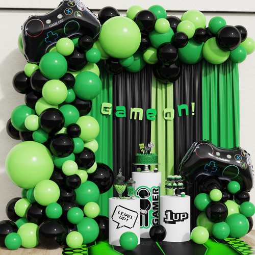 Video Game Birthday Party Balloon Arch 145Pcs Green Black Game Theme Balloon Garland Kit for Boys Game On Birthday Party Level Up Baby Shower Party Decorations with Gamepad Foil Balloons