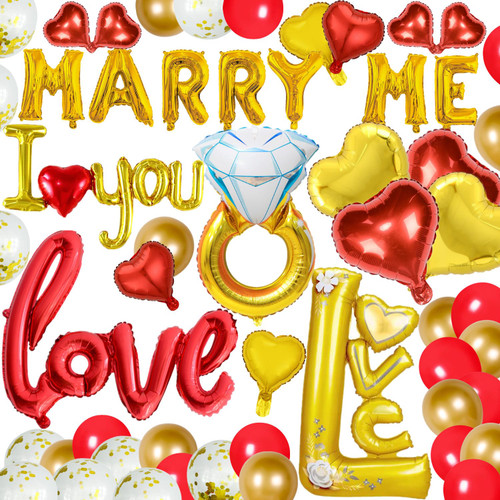 53 Pieces Marry Me Balloons Decoration Valentine's Day Proposal Engagement Party Decor Marry Me Balloon Banner Diamond Ring Balloon Heart Love Balloons for Wedding Love Wedding Party (Gold)