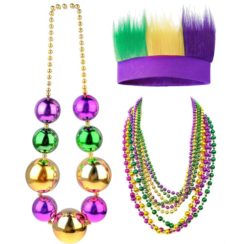 8 Pieces Jumbo Ball Mardi Gras Beads Necklaces,1 Piece Mardi Gras Headband and 7 Pcs Mardi Gras Beads Necklace Party Mardi Gras Decorations for Mardi Gras Festival Parades Celebrations Carnivals