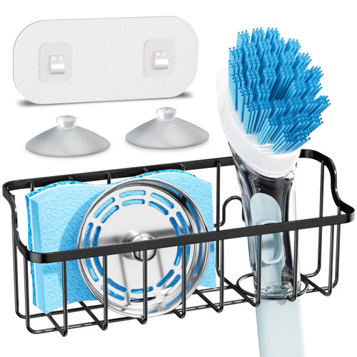 Oreyka Sponge Holder For Kitchen Sink: 2-in 1 Kitchen Sink Caddy With Sponge Holder & Dish Brush Holder - 304 Stainless Steel - Suction cup+ Bonus Adhesive- Mat Black