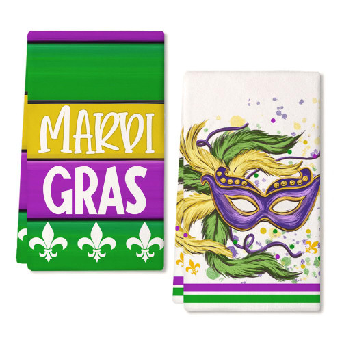 ARKENY Mardi Gras Kitchen Towels Set of 2,Green Fleur De Lis Eye Mask Dish Towels 18x26 Inch Drying Dishcloth,Farmhouse Home Mardi Gras Carnival Seasonal Holiday Decorations AD194