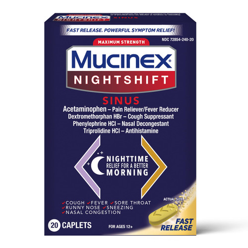Mucinex Nightshift Sinus, Maximum Strength Powerful MultiSymptom Night Relief, 20 Fast Release Caplets Pain Reliever/Fever Reducer, Cough Suppressant, Nasal Decongestant & Antihistamine