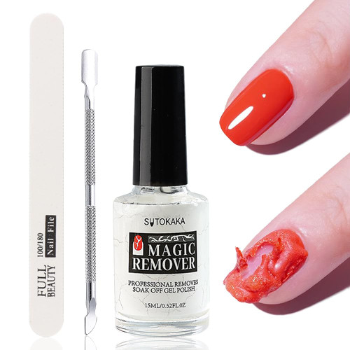 15ml Gel Nail Polish Remover, Professional Remove Gel Nail Polish in 3-5 Minutes, Easily & Quickly Remove Gel with 1Pcs Cuticle Pusher and Nail file