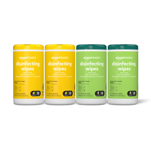 Amazon Basics Disinfecting Wipes, Lemon & Fresh Scent, Sanitizes/Cleans/Disinfects/Deodorizes, White, 340 Count (4 Packs of 85) (Previously Solimo)