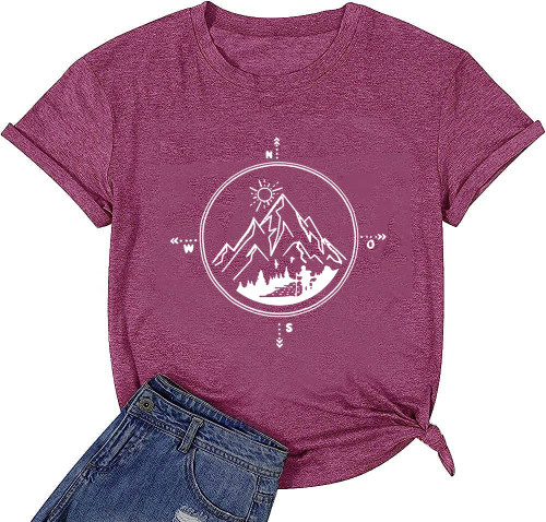 Women Mountain Adventure Workout Camper Compass Shirt Tops Summer Hiking Camping Athletic Short Sleeve Funny Cute Graphic Tee Tops-L (PU)