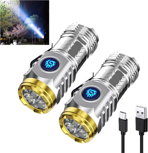 German Three-Eyed Monster Mini Flash Super Power Flashlight, Rechargeable High Lumens High Power Led Flashlights, Three-Eyed Monster Flashlight, Three-Eyed Monster Mini Flashlight (Silver, 2 Pcs)