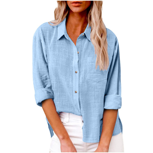 Womens Cotton Button Down Shirt Casual Long Sleeve Loose Fit Collared Linen Work Oversized Blouse Tops with Pocket Light Blue