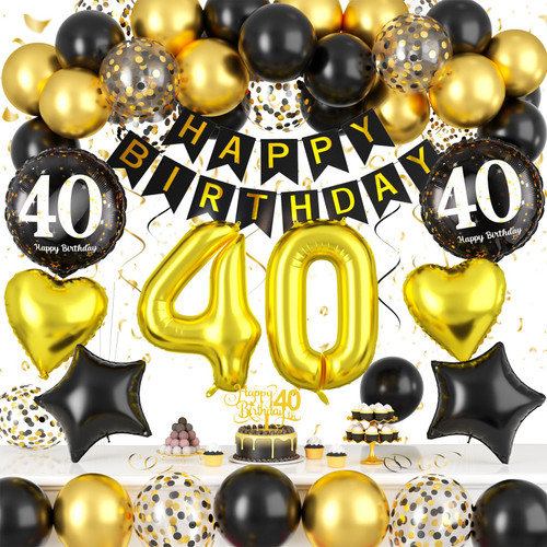 Black and Gold 40th Birthday Decorations, 40th Birthday Balloons Gold and Black 40th Party Decorations with Black Gold Balloons Happy Birthday Banner Cake Topper for Men Women 40th Birthday Supplies