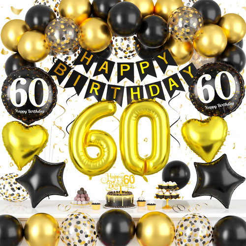 Black and Gold 60th Birthday Decorations, 60th Birthday Balloons Gold and Black 60th Party Decorations with Black Gold Balloons Happy Birthday Banner Cake Topper for Men Women 60th Birthday Supplies