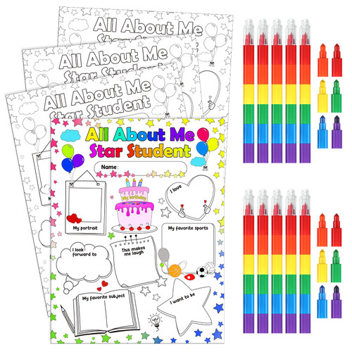 60 Pcs All About Me Coloring Posters Pack with Stacking Crayons,Star Student Poster First Day of School Fill in Poster for Elementary Kindergarten Craft Classroom Activities Supply (Black-white)